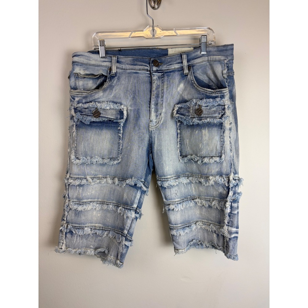 FWRD Denim Cargo Shorts 36 Blue Light Wash Frayed Tiered Distressed Streetwear